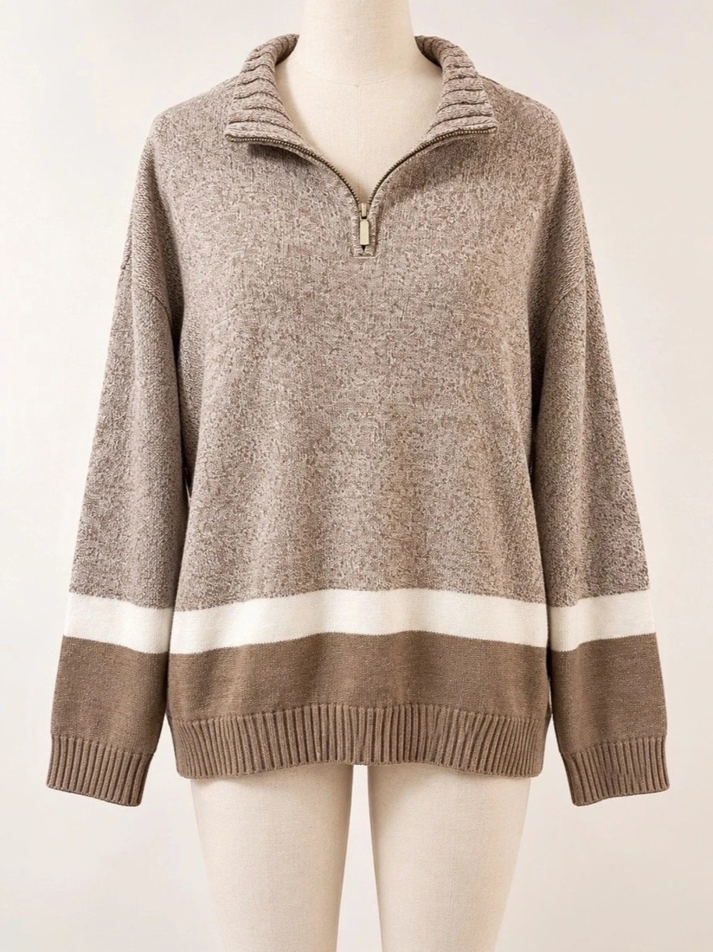 Karen Scott Women’s XL 100% Cotton Quarter Zip Sweater Brown Colorblock Pullover